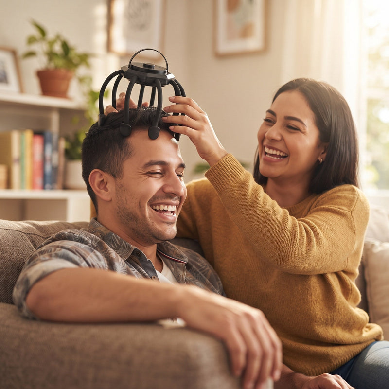 Pareja riendo mientras ella le pasa el masajeador por la cabeza