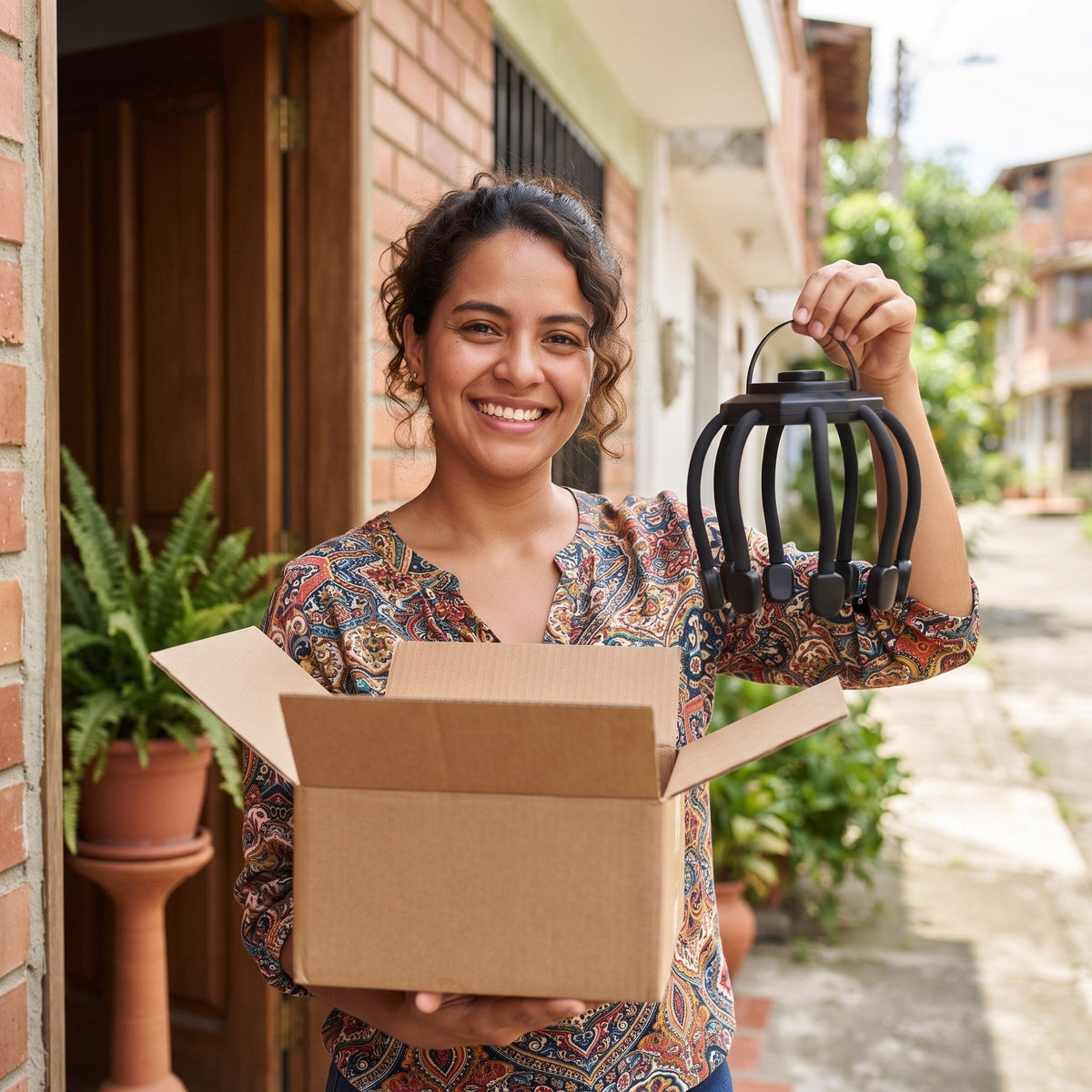 Mujer feliz recibiendo su masajeador en la puerta de su casa