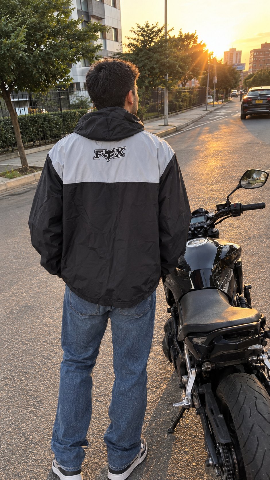 Espalda de la chaqueta negra junto a la moto