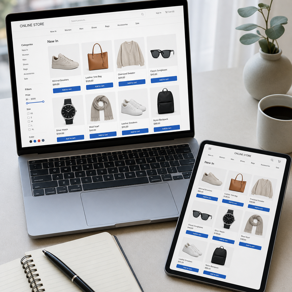 Tienda de productos con catálogo en portátil y tablet