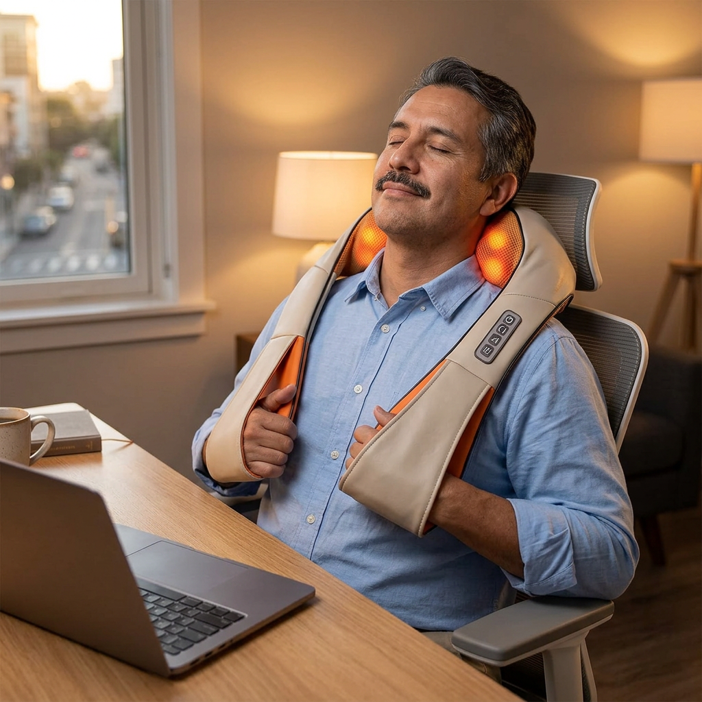 Hombre usando el masajeador de cuello en su escritorio