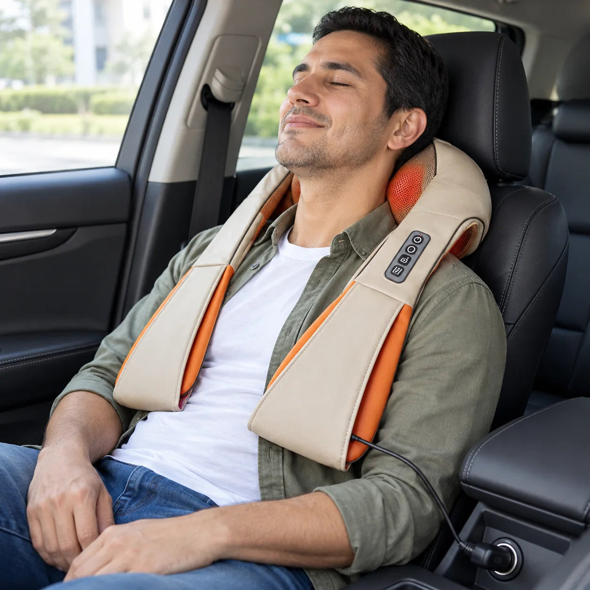 Hombre usando el masajeador de cuello en el carro