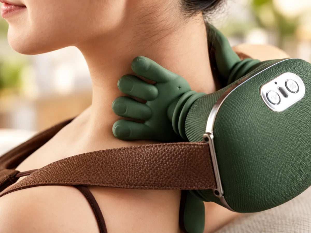 Detalle de los dedos del masajeador sobre el cuello
